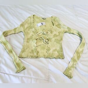 American Eagle Green Ribbed Tie Front Long Sleeve Crop Cardigan Top size XS NWT